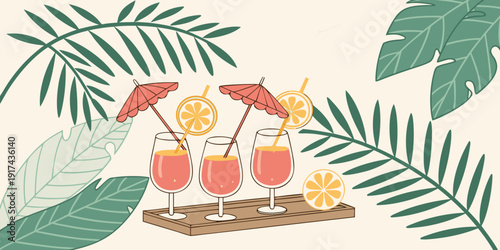 A whimsical illustration of a small wooden house nestled among palm leaves and tropical flowers