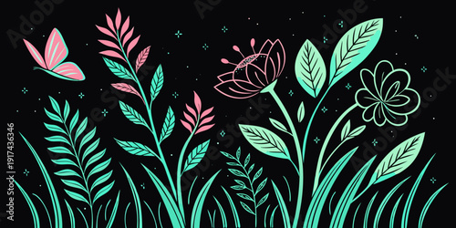 A vibrant and intricate illustration of various plants and flowers in full bloom.