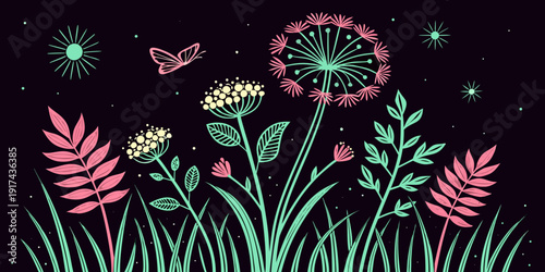 A whimsical illustration of vibrant flowers and dandelions under a starry night sky