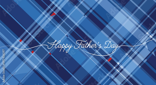 Blue plaid pattern with Happy Father's Day text, diagonal stripes and red dots