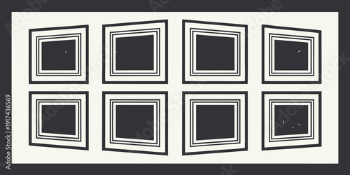 A collection of nine black and white framed photographs arranged in a grid pattern.
