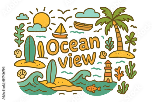 Ocean Doodle Illustration. "Ocean view". Hand-drawn doodle illustration of ocean view. Waves, sun, seagulls,