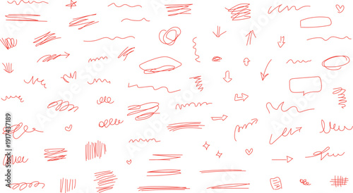 collection of red hand-drawn doodles, scribbles, and shapes on a white background. 