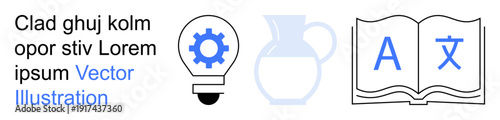 Knowledge sharing, education, creativity, innovation, language learning, technical solutions. Lightbulb with gear, water jug open book with symbols. Knowledge sharing and innovation concept