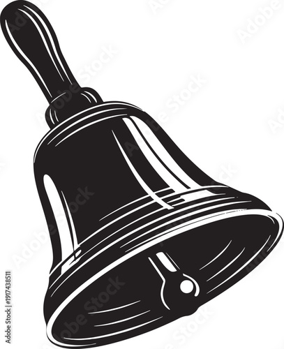 Black and white illustration of a hand bell with a curved handle and a clapper inside ringing bell signal