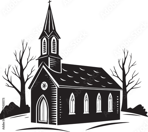 Black and white illustration of a gothic church with a steeple and bare trees building architecture