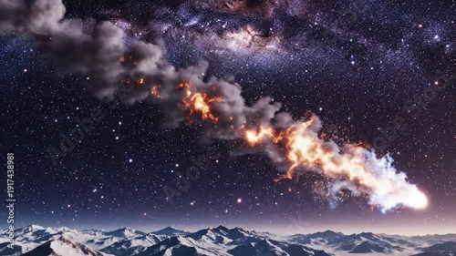 A bright green comet streaks across the vast expanse of the starry night sky.