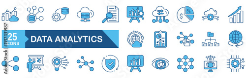 Data analytics icon set Blue Monochrome Flat Design concept for technology, database, analysis, monitoring, cloud, computing, server, statistic