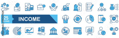 Income icon set Blue Monochrome Flat Design concept for money, tax, earning, payment, paycheck, accounting, work, pension, wage 