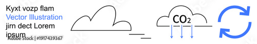 Environmental awareness, pollution impact, carbon footprint, sustainable practices, climate change, recycling concept. Diagram showing cloud with CO2 and recycling arrows. Environmental awareness