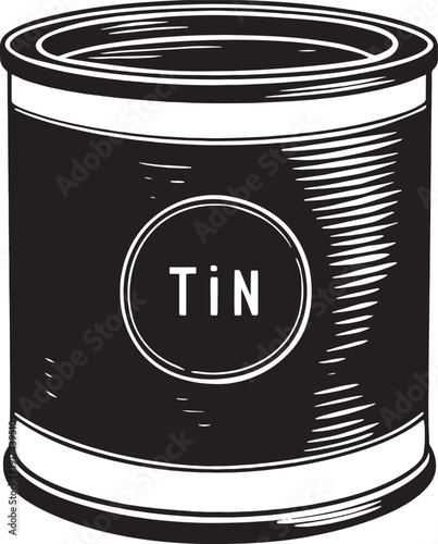 Black and white illustration of a round tin can with the word T I N in white text food can metal can