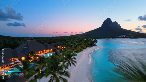 Luxurious tropical island resort with bungalows and a volcanic peak at sunset
