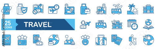 Travel icon set Blue Monochrome Flat Design concept for holiday, hotel, vacation, tour tourism, beach, plane, suitcase