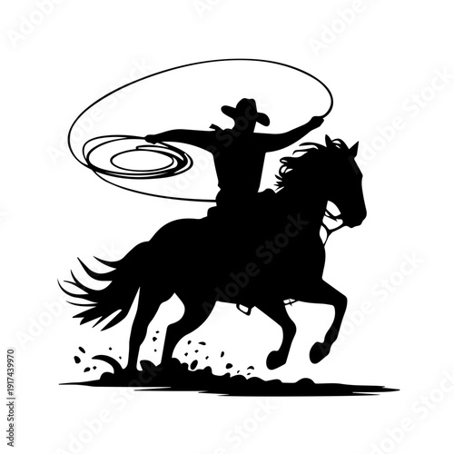 Dynamic Silhouette of Cowboy Riding Galloping Horse Swinging Lasso in Classic Rodeo Action Minimalist Black Vector