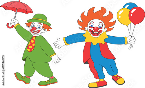 Funny cartoon clown vector illustration set, happy circus performers with umbrella and balloons for party design