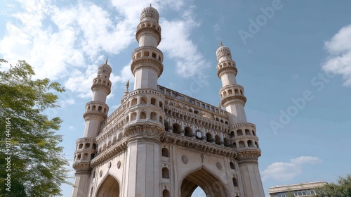 Iconic Charminar monument in Hyderabad under clear sky copy space