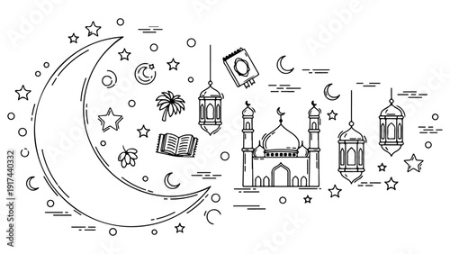 Line art illustration of Islamic symbols including a mosque, crescent moon, lanterns, and stars, representing Ramadan or Eid celebration.