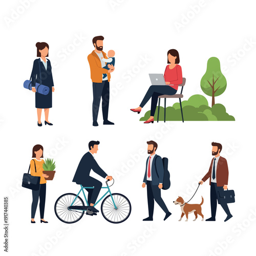 Diverse group of people engaged in various daily activities.