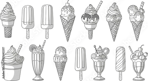 Ice Cream and Frozen Dessert Vector Set, Hand Drawn Cones, Popsicles, Sundae and Milkshake Sweet Summer Food Illustrations.