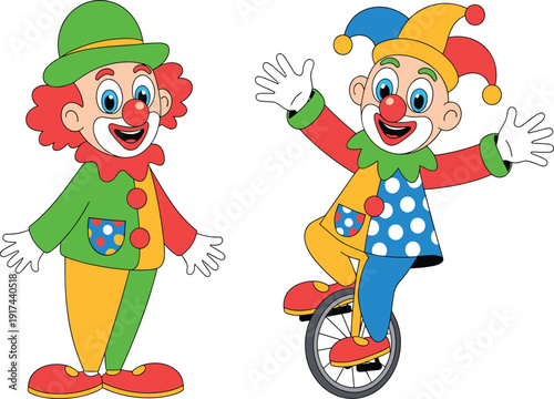 Funny cartoon clown vector illustration set, happy circus performers with unicycle and green hat for party