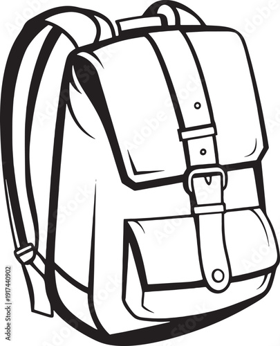Black and white line art illustration of a canvas backpack with straps and buckles rucksack