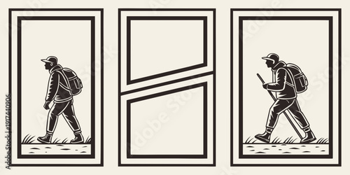 A person walking with a backpack on a path with a diagonal line.