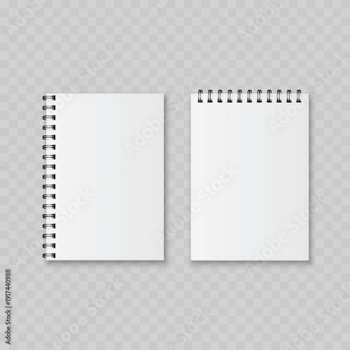 Realistic White Spiral Notebook Cover Mockup Set. Vector Blank Notepad Templates with Side and Top Wire Binding.
