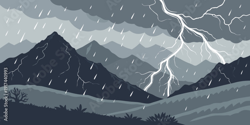 A dramatic landscape of dark mountains under a stormy sky with lightning strikes.