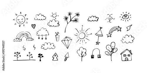 A collection of diverse doodles featuring various objects and symbols.