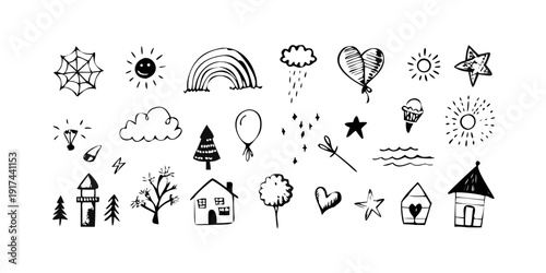 An assortment of black and white doodle drawings of nature and weather elements