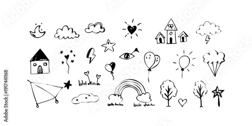 A delightful collection of whimsical line drawings featuring various weather phenomena and objects.