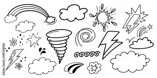 A whimsical collection of various weather phenomena and natural elements