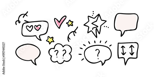 A diverse collection of illustrated speech bubbles and symbols representing various emotions and thoughts