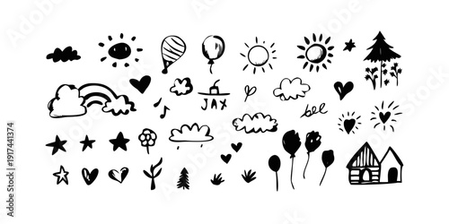 A delightful collection of simple black and white line drawings of various objects and symbols