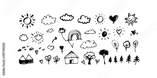 A delightful collection of simple, black and white doodles featuring various objects and nature elements.