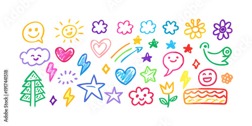 Vibrant and colorful cartoon clipart featuring various shapes and objects