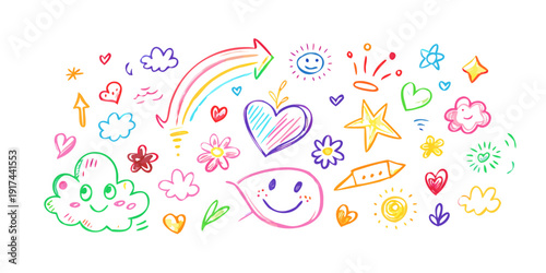 A vibrant and colorful illustration of various smiling faces and hearts