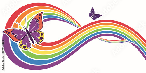 Vibrant rainbow with mythical creatures soaring over colorful waves