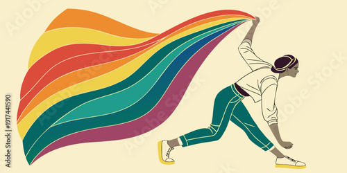 A person holding a large, colorful flag in a dynamic pose