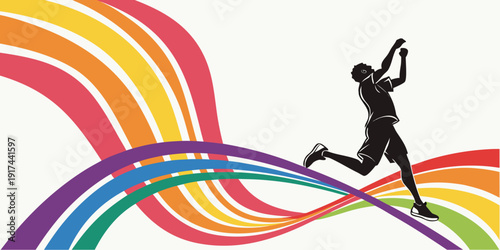 Vibrant rainbow waves with a silhouette of a person running towards the horizon