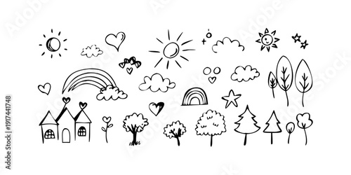 A delightful illustration of various nature and weather elements in a charming line art style