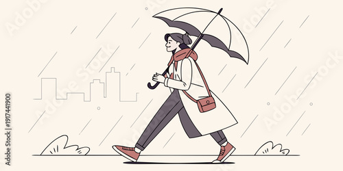 A woman walking in the rain with an umbrella and a coffee cup in hand