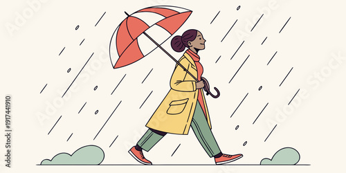 A woman walking in the rain with a red umbrella on a cloudy day