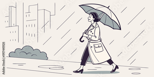 A woman walks with an umbrella in the rain, showcasing elegance and simplicity.