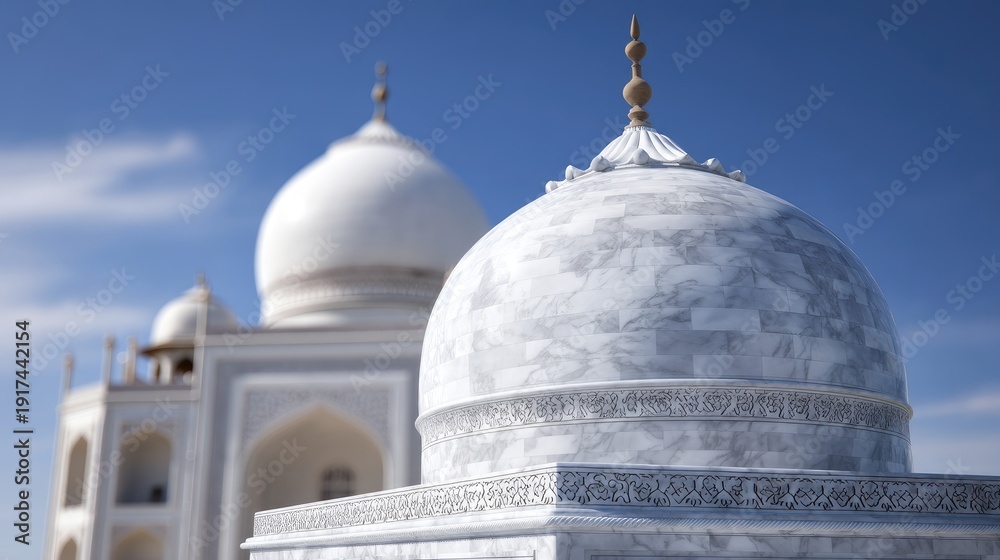 Obraz premium Majestic view of intricate marble domes under blue sky at a renowned architectural landmark in the world.