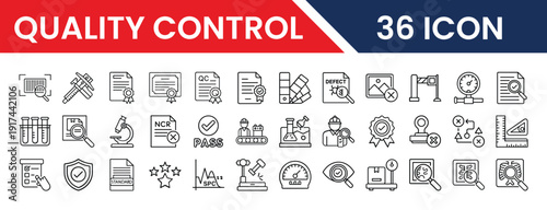 Outline Quality Control Icon Set in Line Art Style for Inspection, Testing, Checklist, Approval, Standard, Certification, and Digital Interface Design