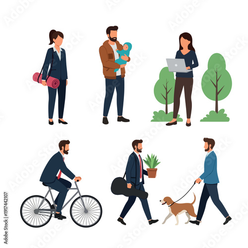 Diverse group of people engaged in various daily activities.