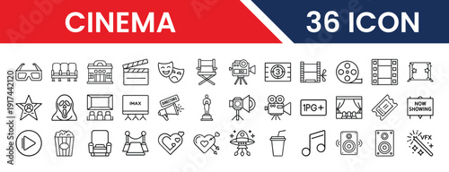 Cinema related icons collection featuring various movie elements and symbols