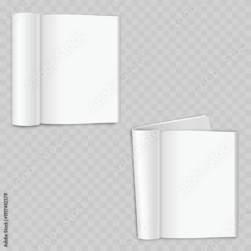 Realistic Open Magazine Mockup Set. Vector Blank Brochure or Catalog Template with Rolled Page and Spread View.
