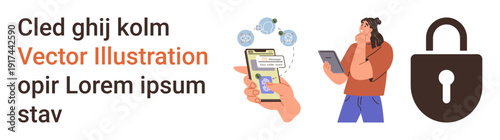 Cybersecurity, online privacy, technology, mobile communication, data protection, digital safety. A user interacting with a smartphone, secure lock icon. Cybersecurity and data protection concept